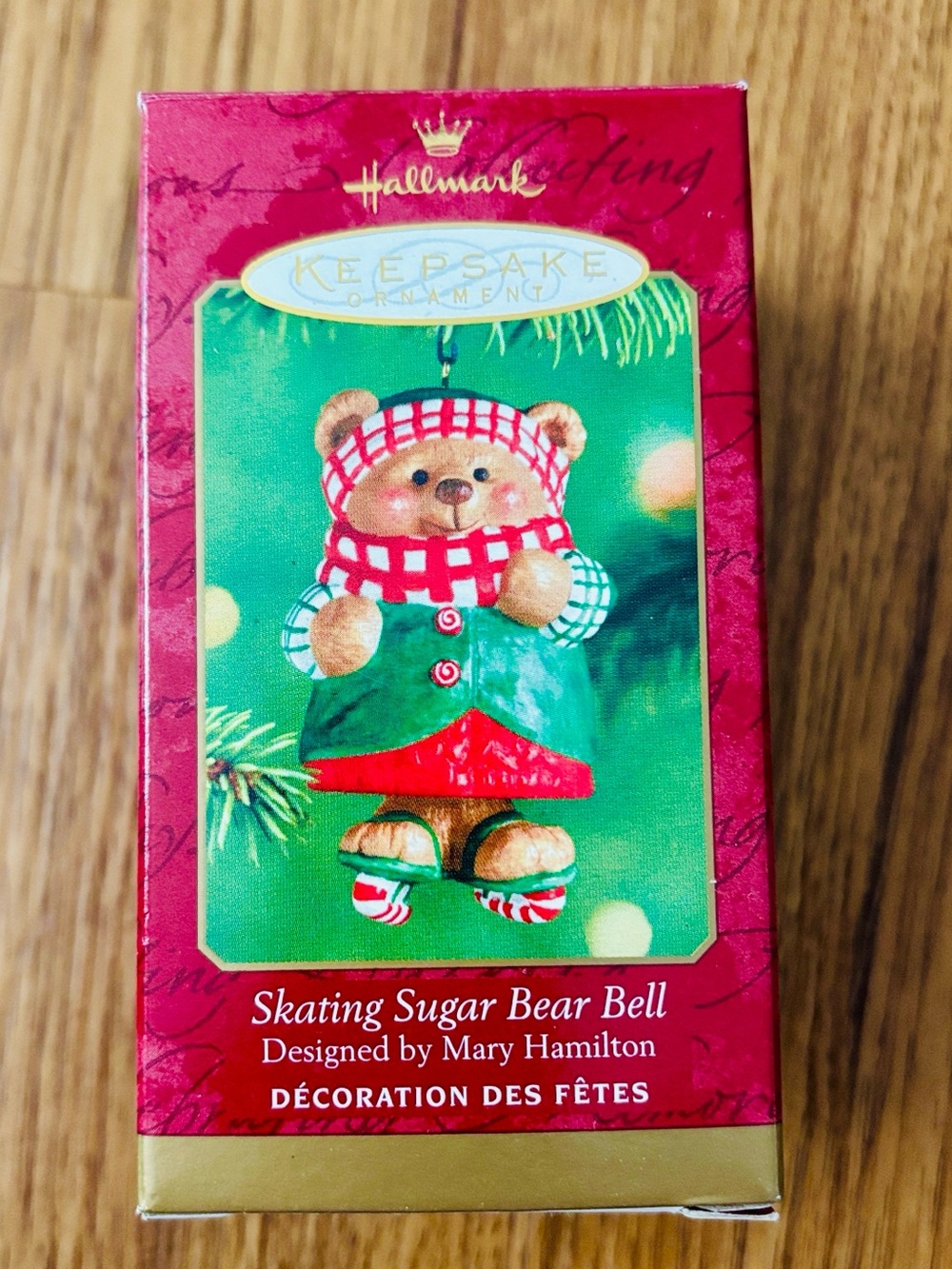 Gently used, HALLMARK Porcelain Skating Sugar Bear Bell Ornament 🤍🐻 ❤️⛸️ 💚